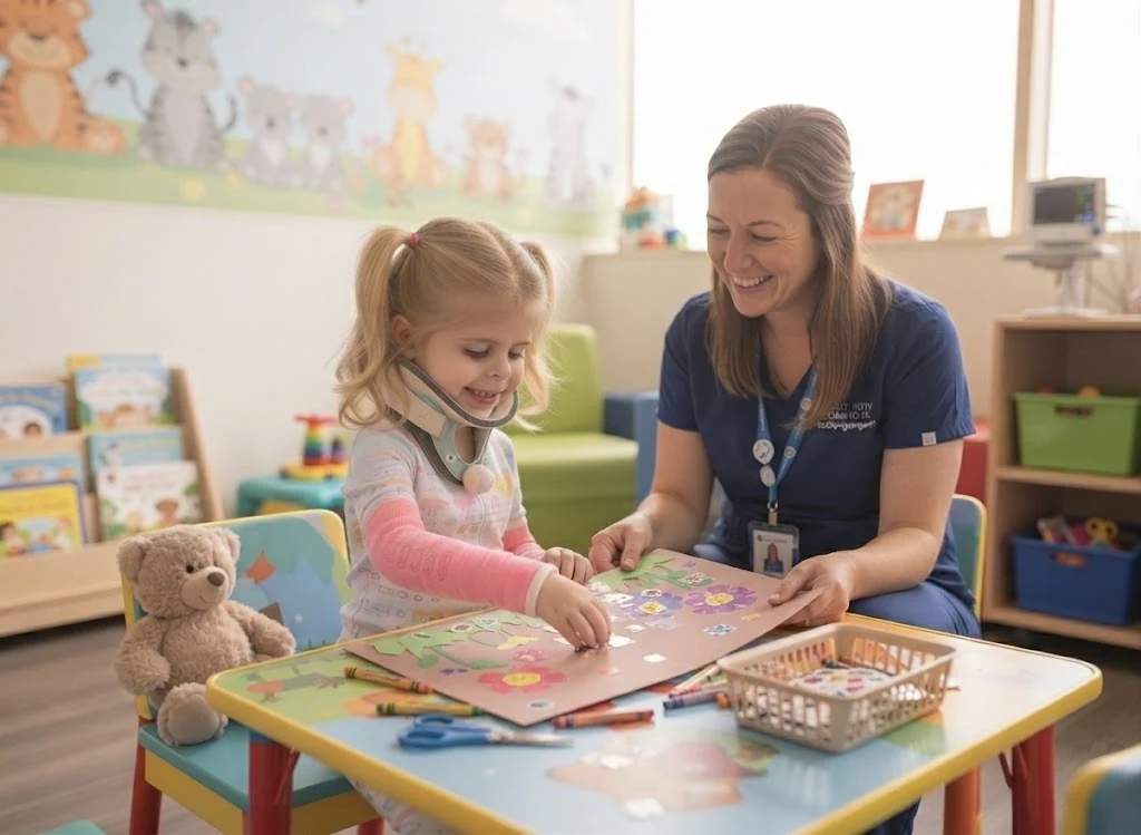 Isabela realiza uma atividade de leitura e colagem acompanhada por profissional de saúde